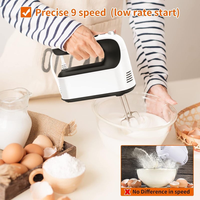 Yomelo 9-Speed Digital Hand Mixer Electric, 400W Powerful DC Motor, Hand Mixer Electric Handheld with Snap-On Storage Case, 5 Stainless Steel Accessories, Beaters, Dough Hooks, Whisk(White/Black) - Image 4